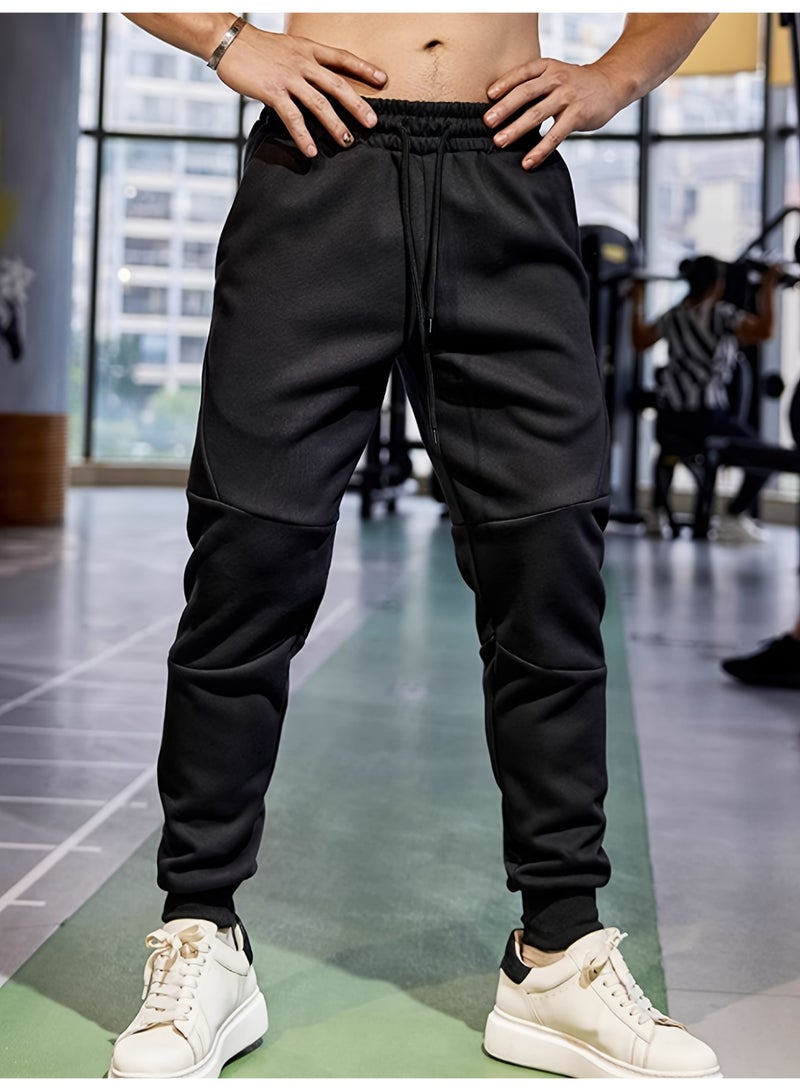 بنطال رياضي رجالي أسود اللون بأجزاء مضلعة ورباط على الخصر وبنطال رياضي غير رسمي ضيق - Image 1