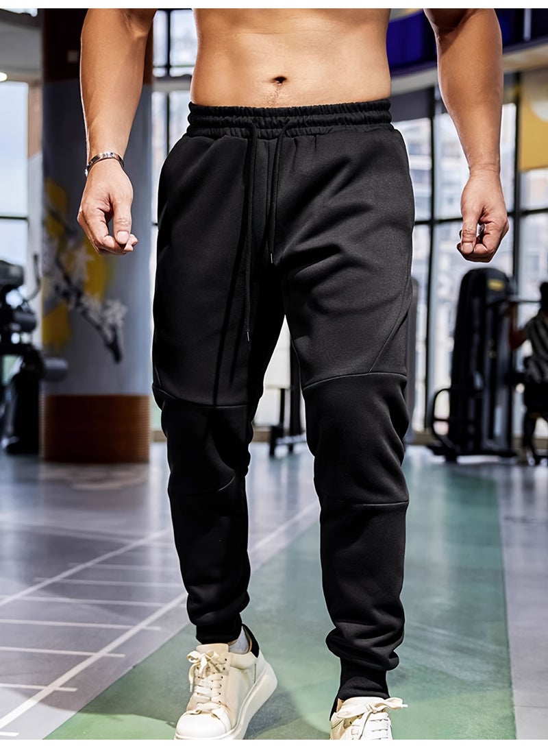 بنطال رياضي رجالي أسود اللون بأجزاء مضلعة ورباط على الخصر وبنطال رياضي غير رسمي ضيق - Image 2