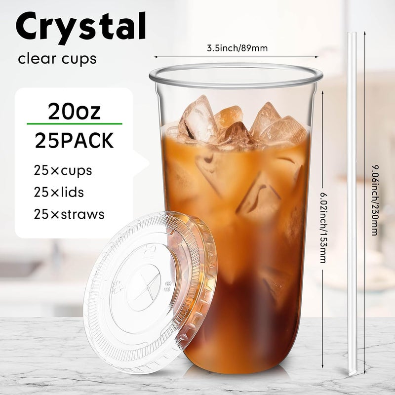 Ziliny 25 Sets Clear Plastic Cups with Lids and Straws, Disposable Iced Coffee Cups for Drinking, Cold Drinks, Juice, Smoothie, Pet Cup for Coffee Shops, Party, Christmas (20 oz) - Image 3