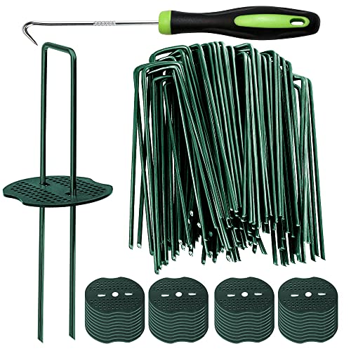 Bakulyor 100pcs Green Artificial Turf Stakes Staples + 100pcs Buffer Washer, 6 Inch 11 Gauge Landscape Staples, Galvanized Lawn Spikes, Heavy Duty Yard Ground Pin for Grass Weed Barrier Sod Fabric - Image 1