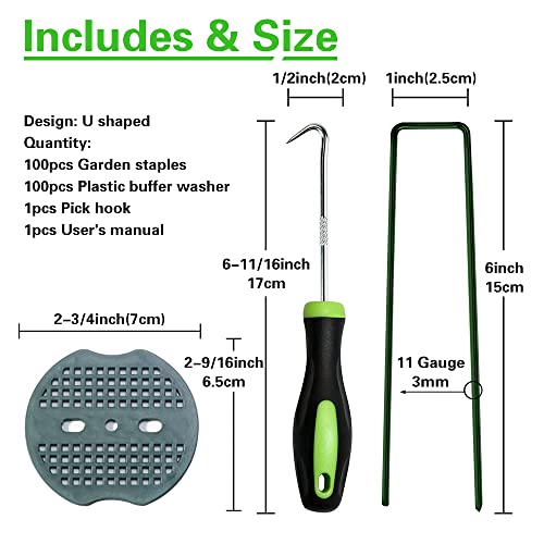 Bakulyor 100pcs Green Artificial Turf Stakes Staples + 100pcs Buffer Washer, 6 Inch 11 Gauge Landscape Staples, Galvanized Lawn Spikes, Heavy Duty Yard Ground Pin for Grass Weed Barrier Sod Fabric - Image 2