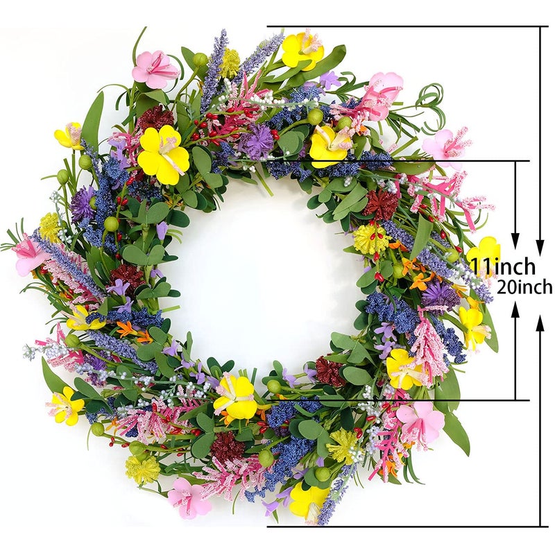 Bibelot 20" Daisy and Lavender Wreaths Colourful Artificial Flower with Berry Wreath Spring Summer Wreath for Front Door Wall Window Wedding Decor - Image 2