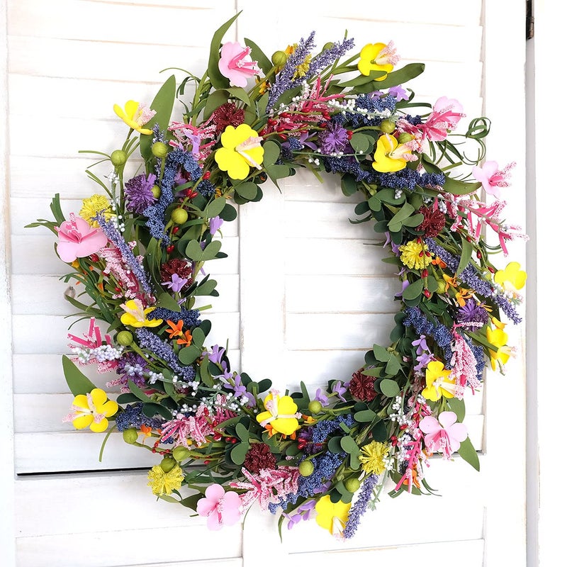 Bibelot 20" Daisy and Lavender Wreaths Colourful Artificial Flower with Berry Wreath Spring Summer Wreath for Front Door Wall Window Wedding Decor - Image 4