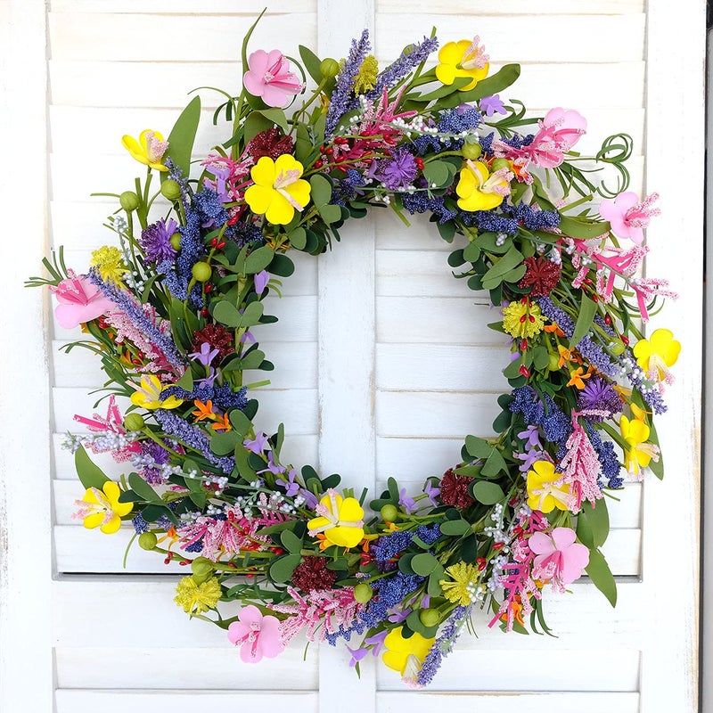 Bibelot 20" Daisy and Lavender Wreaths Colourful Artificial Flower with Berry Wreath Spring Summer Wreath for Front Door Wall Window Wedding Decor - Image 3