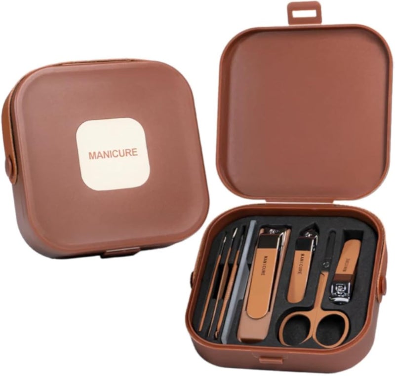 Manicure Set (7 Pieces) in Classic Brown Color - Stainless Steel Manicure and Pedicure Set with Storage Case - Includes Nail Clippers, File, Polish Remover - Perfect for Travel and Personal Care