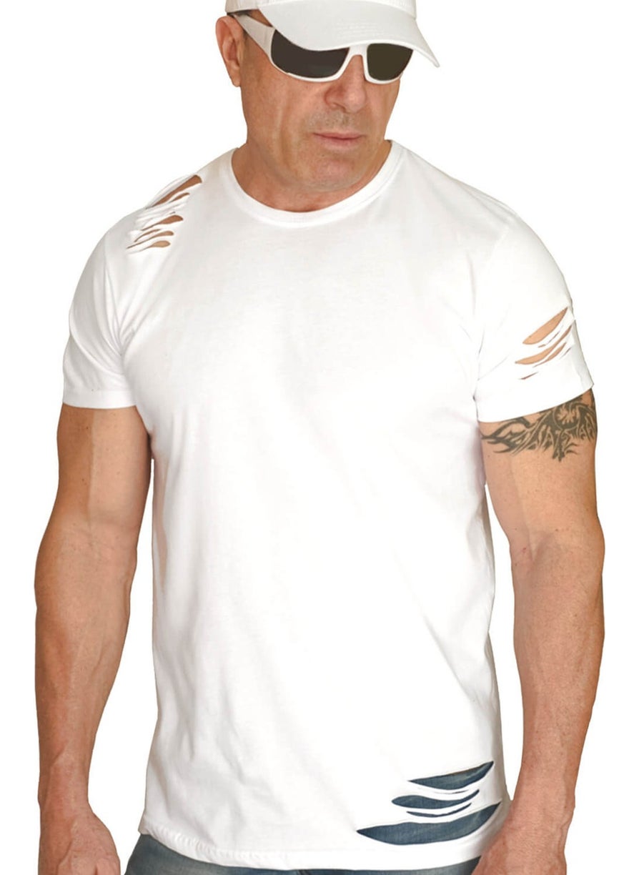 Rock&Roll - Plain, Unprinted White Short Sleeve Ripped T-Shirt - Image 1
