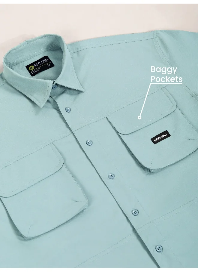 Beyoung Sky Blue Baggy Pocketed Shirt