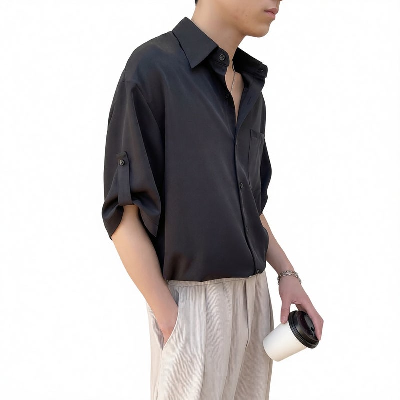Men's Short Sleeve Casual Ice Silk Relaxed Fit Five-Sleeve Shirt - Image 3