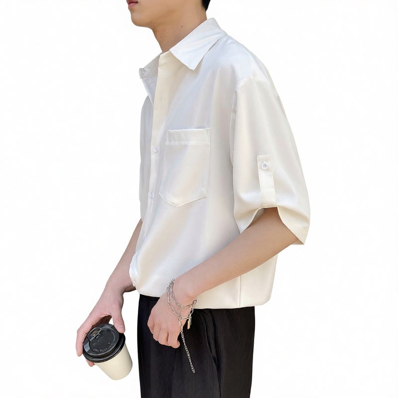 Men's Short Sleeve Casual Ice Silk Relaxed Fit Five-Sleeve Shirt - Image 1