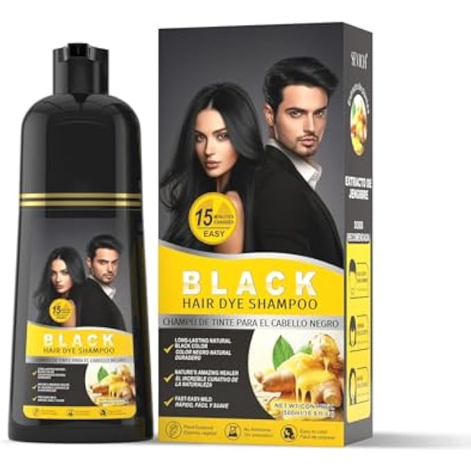 Gowwim Black Hair Dye Shampoo, Ginger Black Hair Color Shampoo Semi Permanent Hair Color Shampoo for Women and Men for Gray Hair Coverage 500ml Natural herbal Ingredients