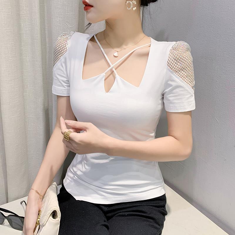 Real shot 2023 spring and summer new T-shirt original design personality V-neck shoulder Diamond short sleeve women's solid color fashion small shirt - Image 2