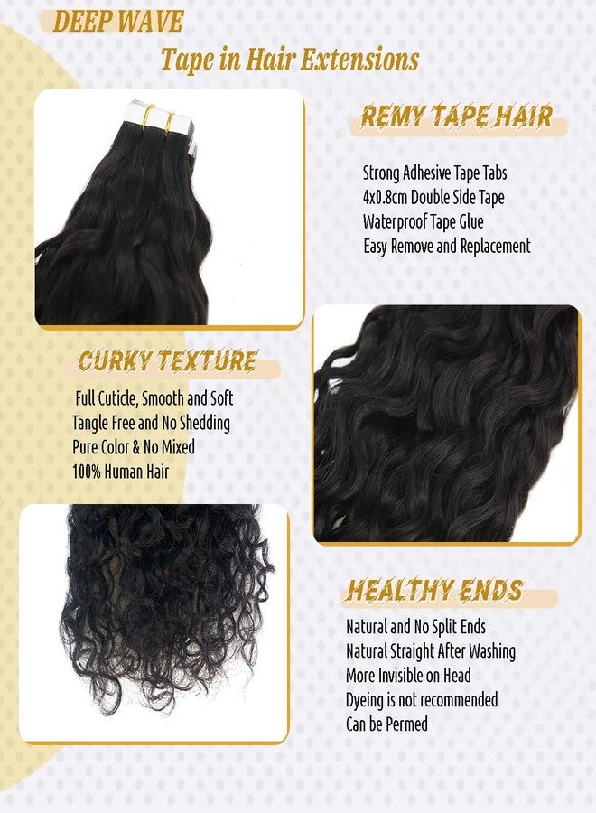 Smavida Water Wave Tape in Human Hair Extension for Black Women,9A Brazilian Human Hair Adhesive Tape in Hair Loose Wave Skin Weft Tape ins Human Hair Extension Full Ends 20PCS 50G(16inch #Natural Black) - Image 3