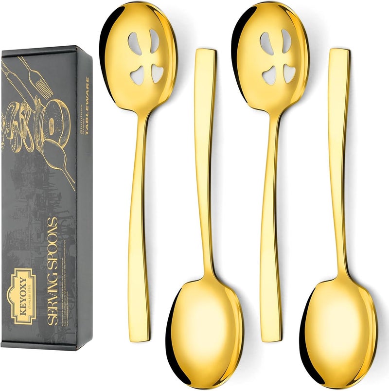 KEYOXY 4 Piece Stainless Steel Serving Spoons Set - 2 Large, 2 Slotted, 9.2-Inch, Dishwasher Safe, for Parties/Kitchen/Buffet/Catering,Gold - Image 1