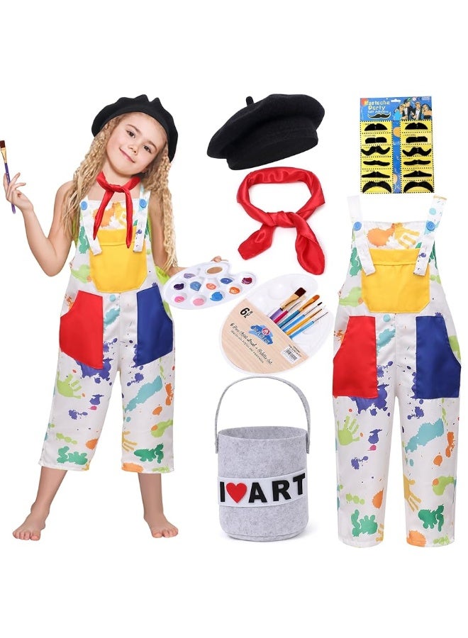 Tacobear Kids Artist Costume with Overalls Beret Beard Bow Tie Paint Bucket Brush, Halloween Career Day Outfit for Boys Girls - Image 2