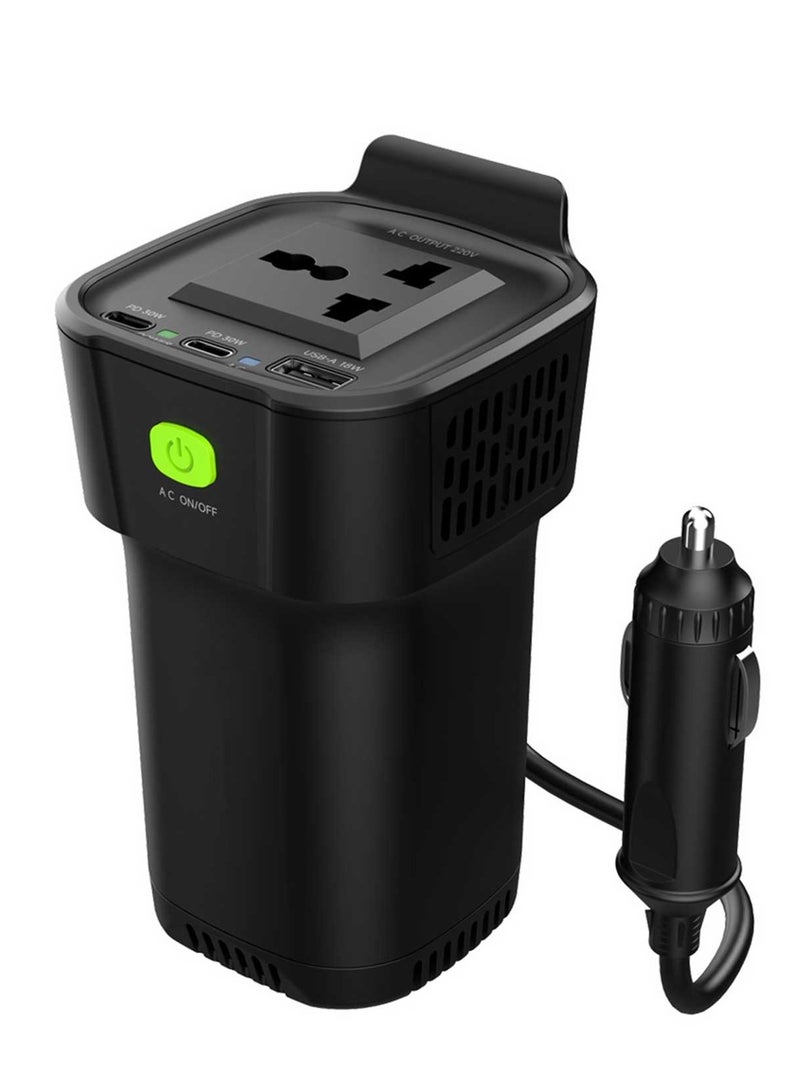Generic Car Power Inverter, 150W AC Output, Dual USB-C & USB-A QC3.0, Cup Holder Design, 12V Vehicle Compatible  - Image 1