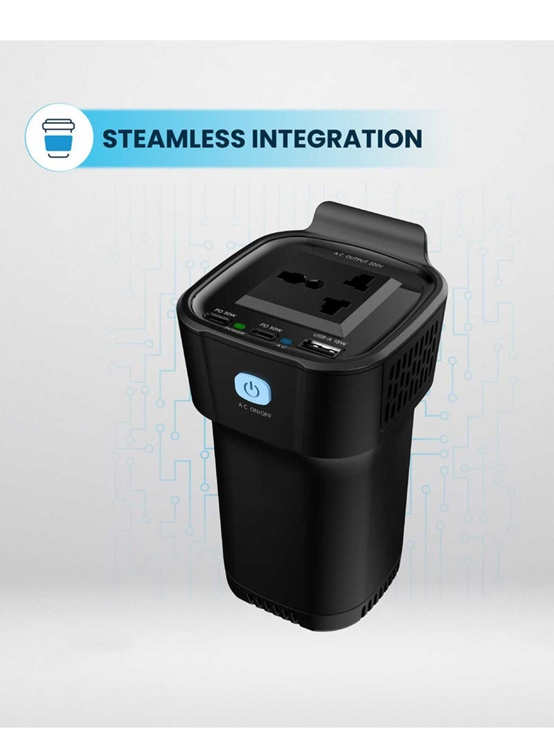 Generic Car Power Inverter, 150W AC Output, Dual USB-C & USB-A QC3.0, Cup Holder Design, 12V Vehicle Compatible  - Image 3