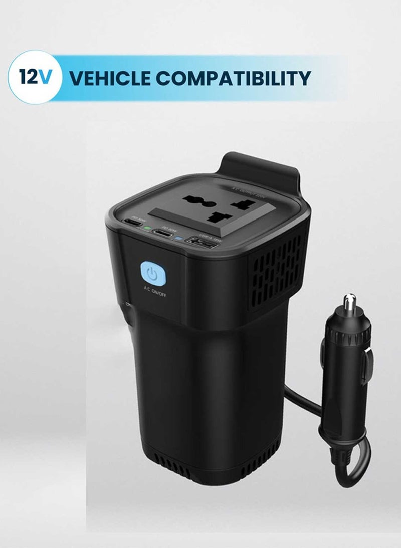 Generic Car Power Inverter, 150W AC Output, Dual USB-C & USB-A QC3.0, Cup Holder Design, 12V Vehicle Compatible  - Image 4