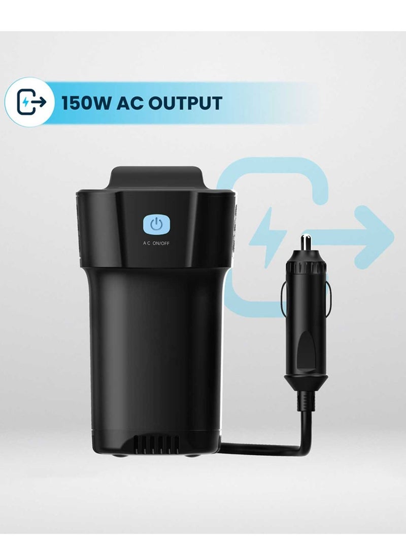 Generic Car Power Inverter, 150W AC Output, Dual USB-C & USB-A QC3.0, Cup Holder Design, 12V Vehicle Compatible  - Image 5