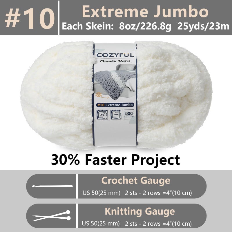 Cozyful Chunky Yarn for Hand Knitting - #10 Chunky Chenille Yarn, Jumbo Big Thick Chunky Yarns for Crocheting, Super Bulky Chunky Knit Blanket Yarns, 8 Skein (25 yds 8 oz Each Skein), Cream - Image 2