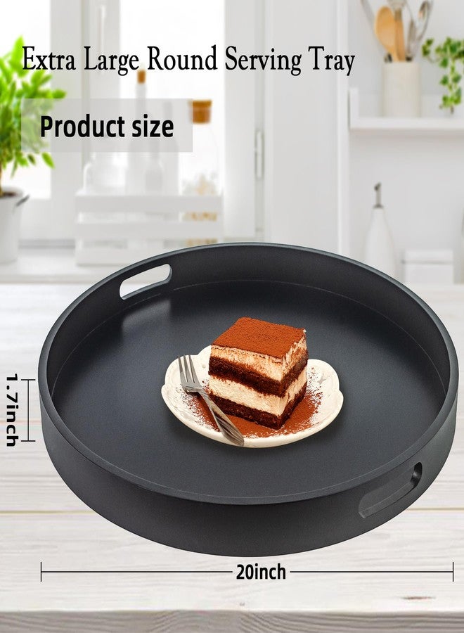 SINBDLAI Large Round Black Tray, 20" Extra Large Black Ottoman Tray, Wood Serving Trays, Decorative Trays with Handles for Home Kitchen - Image 2