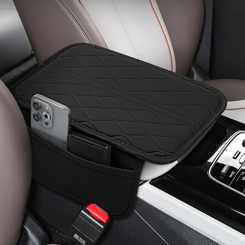 Xfopz Car Center Console Cover,Leather Car Armrest Cover with 2 Storage Bags,Universal Car Arm Rest Cover,Car Interior Accessories Protector for Most Vehicle (Black) - Image 1