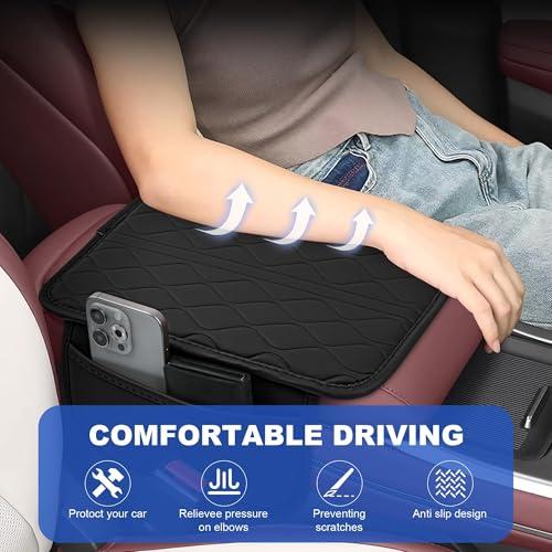 Xfopz Car Center Console Cover,Leather Car Armrest Cover with 2 Storage Bags,Universal Car Arm Rest Cover,Car Interior Accessories Protector for Most Vehicle (Black) - Image 4
