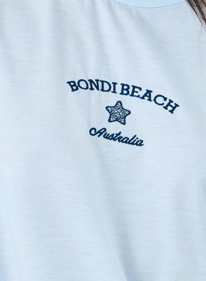 Styli Styli Women Light Blue Bondi Beach Embroidered Oversized T-Shirt