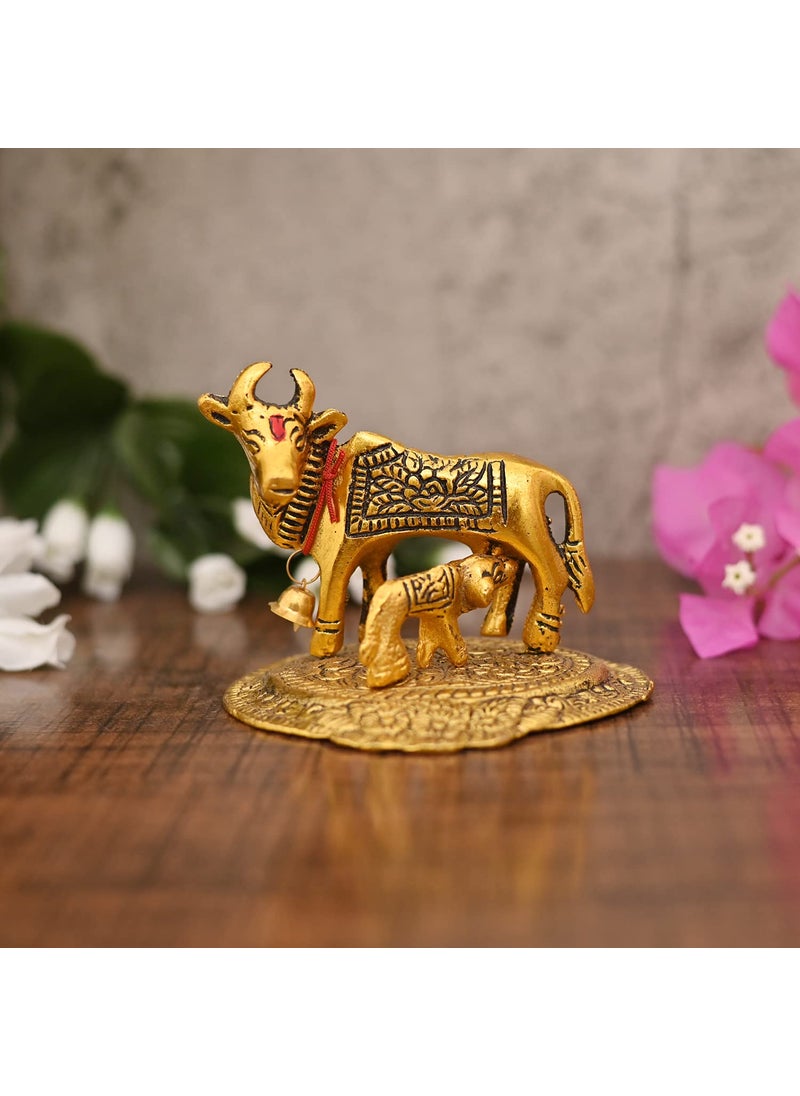 AC ANAND CRAFTS AC ANAND CRAFTS Metal Kamdhenu Gold Finished Cow and Calf Statue Size 9X9X8 Pack of 1 with Card Board Box Packing 