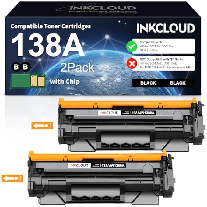 138A BLACK TONER CARTRIDGE WITH CHIP COMPATIBLE REPLACEMENT FOR HP 138A W1380A 138X W1380X WORK FOR HP PRO 3001DW MFP 3101FDW 3001FDW PRINTER (2 PACK BLACK) - Image 1