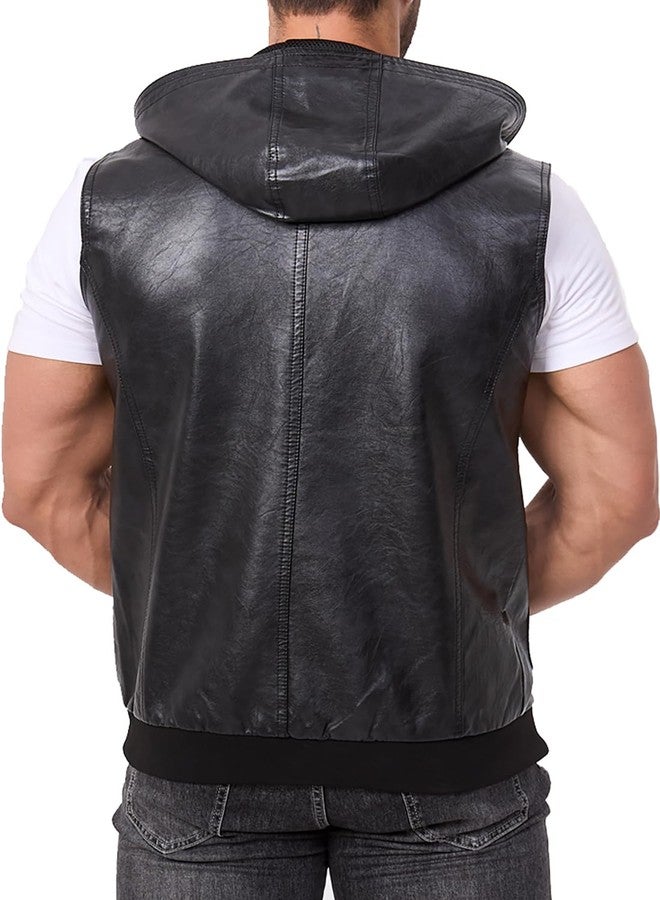 FANARCHER Men's Vintage Faux Leather Vest Jacket Zip-up Classic Hipster Vest with Hood Sleeveless Jacket - Image 3