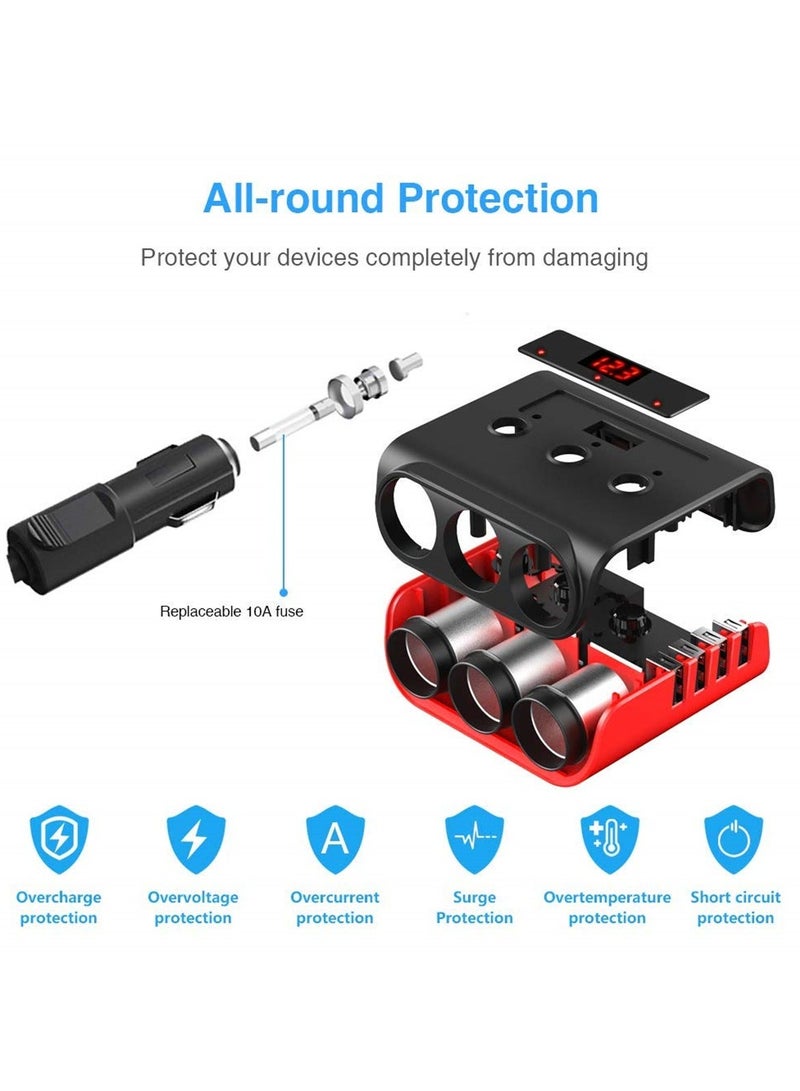 Y&D Lighter Splitter with USB Car Charger Adapter, 3 Sockets 12V 24V 100W, 4 Port Outlet 3.6A, Independent On Off Switches and Voltage Display, Replaceable 10A Fuse  - Image 2