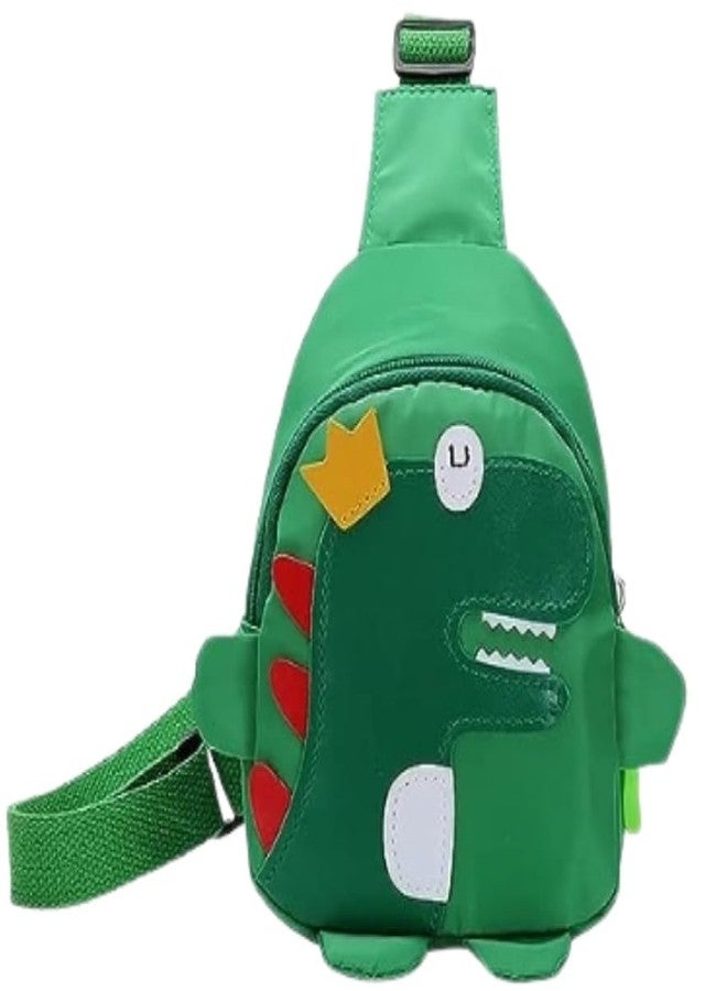 Gugzy Dinosaur Cartoon School Bag - Nylon Kids Chest Backpack for Toddlers, Multi-Purpose Sling Bag, Adjustable Strap, Compact & Lightweight (Green) - Image 1
