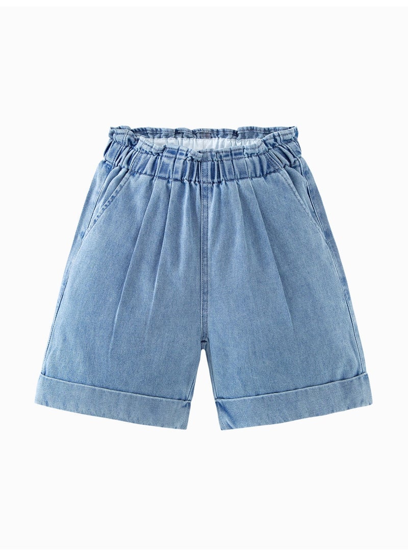 mini bala Girls Kids Casual Elastic Waist Cuffed Hem Pocketed Denim Shorts Soft Breathable Lightweight Comfortable Summer New Style Trendy Daily Wear Children's Fashion Shorts - Image 4