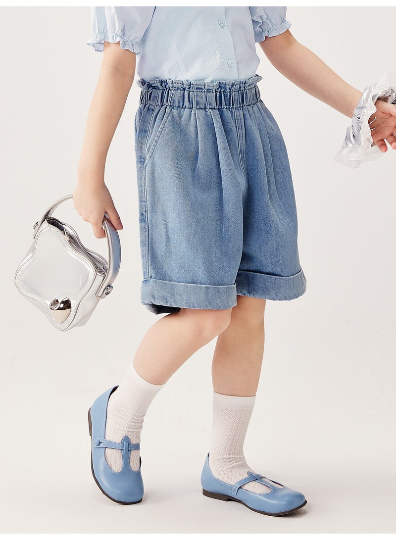 mini bala Girls Kids Casual Elastic Waist Cuffed Hem Pocketed Denim Shorts Soft Breathable Lightweight Comfortable Summer New Style Trendy Daily Wear Children's Fashion Shorts - Image 2