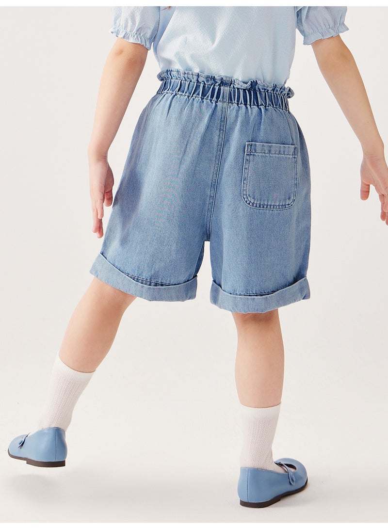 mini bala Girls Kids Casual Elastic Waist Cuffed Hem Pocketed Denim Shorts Soft Breathable Lightweight Comfortable Summer New Style Trendy Daily Wear Children's Fashion Shorts - Image 3