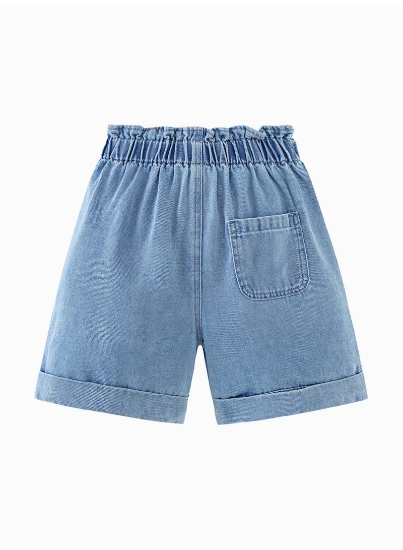 mini bala Girls Kids Casual Elastic Waist Cuffed Hem Pocketed Denim Shorts Soft Breathable Lightweight Comfortable Summer New Style Trendy Daily Wear Children's Fashion Shorts - Image 5