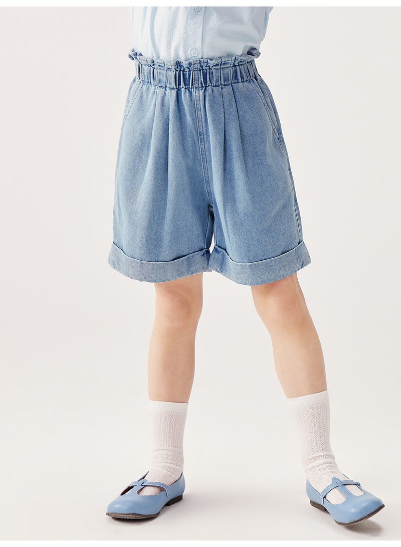 mini bala Girls Kids Casual Elastic Waist Cuffed Hem Pocketed Denim Shorts Soft Breathable Lightweight Comfortable Summer New Style Trendy Daily Wear Children's Fashion Shorts - Image 1