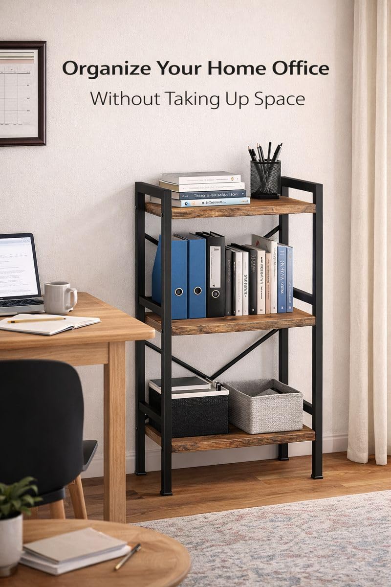 Orchidleaf Small Bookshelf for Small Spaces, 3-Tier Industrial Bookcase with Metal Frame and Wood Shelves, Narrow Storage Shelf for Living Room, Bedroom, Apartment - Image 2