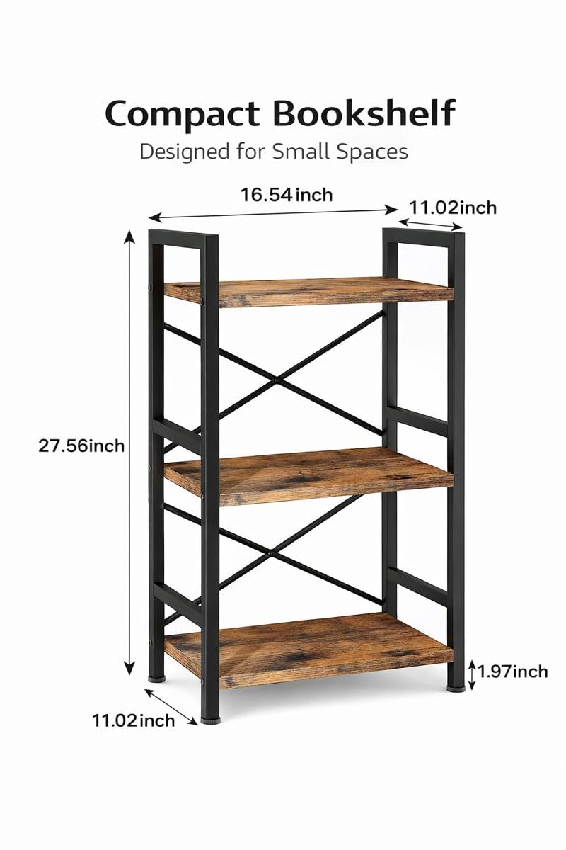 Orchidleaf Small Bookshelf for Small Spaces, 3-Tier Industrial Bookcase with Metal Frame and Wood Shelves, Narrow Storage Shelf for Living Room, Bedroom, Apartment - Image 3