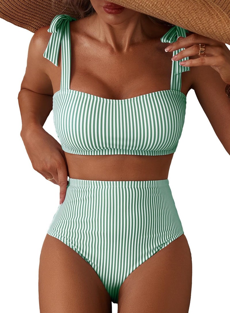 Herseas Women's Striped 2 Piece Bikini Sets Shoulder Strap Knot High Waisted Swimsuits Quick Dry Soft Bathing Suit High Elasticity Long Torso Swim Outfits X-Large Green Stripes - Image 1