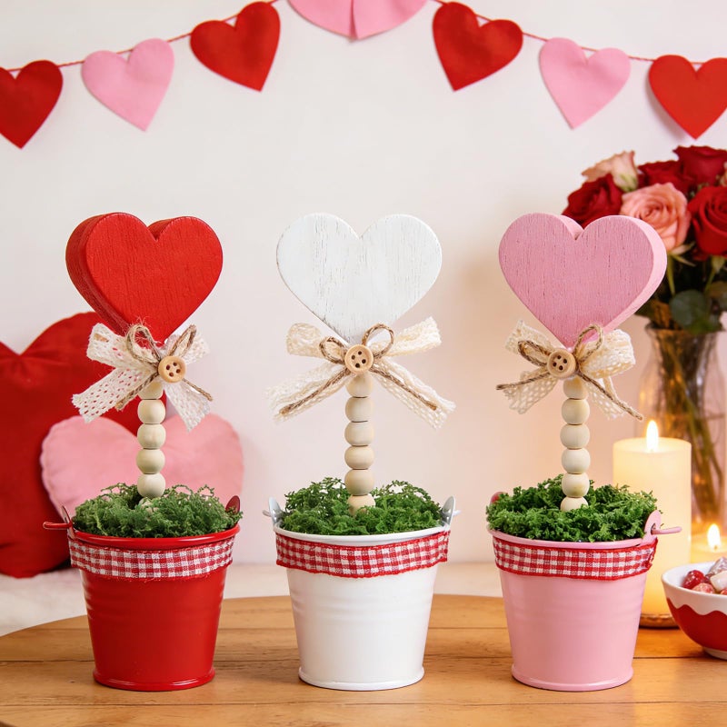 Fangoo Heart Shaped Wooden Potted Sign Set, 3 Piece Mini Tabletop Centerpiece, Tiered Tray Decor - Image 1