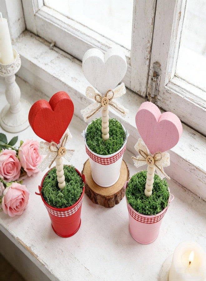 Fangoo Heart Shaped Wooden Potted Sign Set, 3 Piece Mini Tabletop Centerpiece, Tiered Tray Decor - Image 3