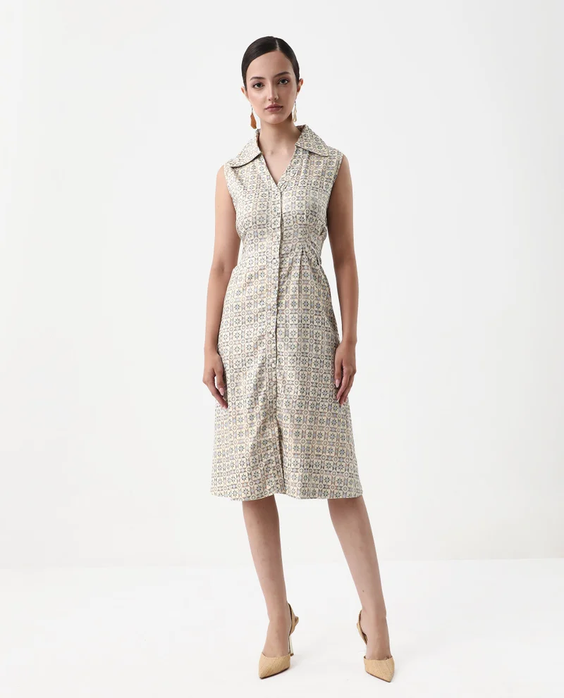 ريريزم Women's Geometric Printed A-Line 100% Linen Dress