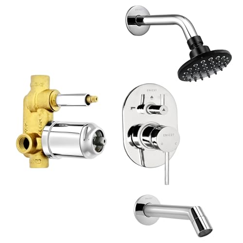 Enicet Brass High Flow Diverter Set With Spout and Shower, Chrome Finish, Single Lever Diverter Set For Bathroom, Bathroom Shower Set, Shower System, Mixer Tap Set (BLACK ROUND SHOWER) - Image 1