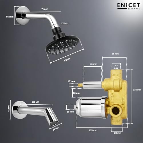 Enicet Brass High Flow Diverter Set With Spout and Shower, Chrome Finish, Single Lever Diverter Set For Bathroom, Bathroom Shower Set, Shower System, Mixer Tap Set (BLACK ROUND SHOWER) - Image 4