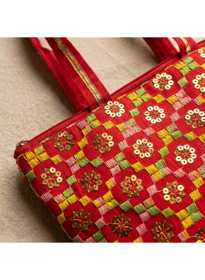 Mobcos Mobcos Red Flower Embroidered Tote Bag Mobcos Red Flower Handmade Embroidered Tote Bag | Premium Cotton Boho Shoulder Handbag with Zipper | Spacious Ethnic Bag for Office, Shopping, Travel & Daily Use for Women | Best Price UAE