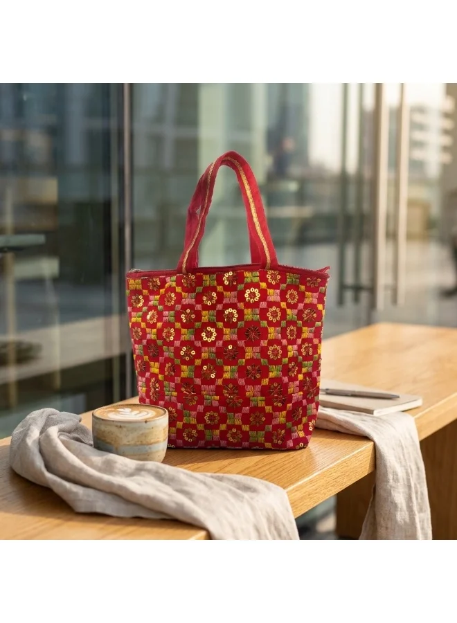 Mobcos Mobcos Red Flower Embroidered Tote Bag Mobcos Red Flower Handmade Embroidered Tote Bag | Premium Cotton Boho Shoulder Handbag with Zipper | Spacious Ethnic Bag for Office, Shopping, Travel & Daily Use for Women | Best Price UAE