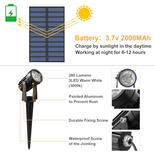 CREPOW Solar Spot Lights Outdoor, Solar Landscape Spotlights IP65 Waterproof 9.8ft Cable,Auto On/Off Outdoor Wall Lights for Garden Yard Driveway Porch Walkway Pool (3000K Warm White) - Image 2