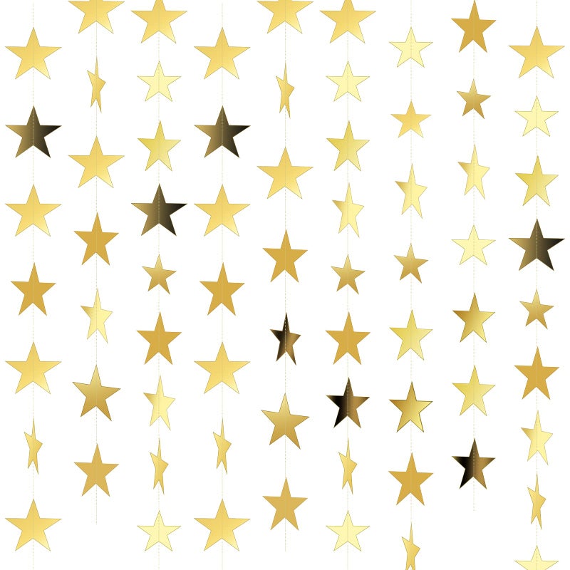 Spakon Spakon 65 Feet Glitter Star Paper Garland Banner Hanging Decoration Gold Star Streamers Double Side 2025 Graduation Decorations for Wedding Birthday Festival New Year Party Decoration 