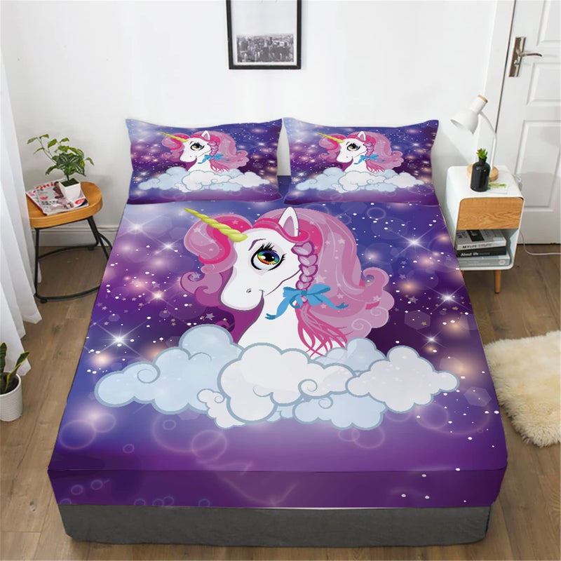 URLINENS Purple Girls Sheet Twin Size Glitter Stars Magic Unicorn Bed Sheet for Kids Girls Teens Soft Microfiber Fun Girly Bedding Decor 2 Piece Unicorn Sheet Set 1 Fitted Sheet and 1 Pillowcase